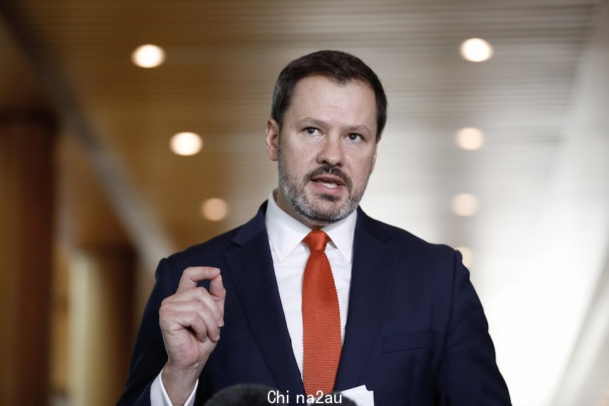 Husic is indoors, mid-speech, wearing dark blue suit and orange tie, making a point with right hand.