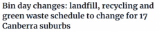 垃圾日变化！堪培拉17个区的垃圾填埋、回收和绿色垃圾时间表将发生变化