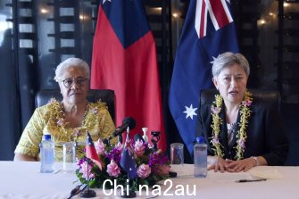 Australian Foreign Minister Penny Wong, right, holds a joint press conference with Samoan Prime Minister Fiame Naomi Mata’afa in Apia, Samoa.