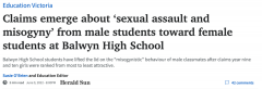 墨尔本顶级公校Balwyn High女生集体举报！曝光男性师生恶心行为！跟踪骚扰，荡妇羞辱，开淫秽玩笑！