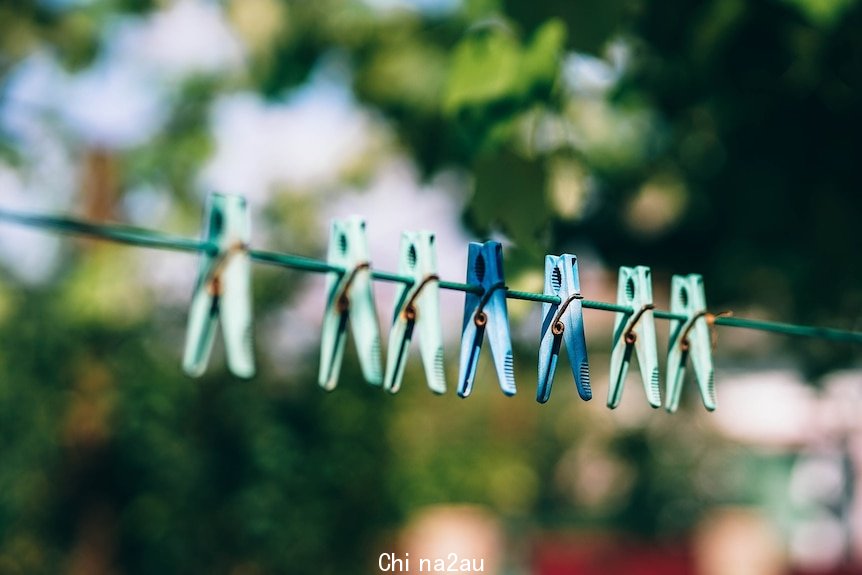Pegs hanging on a washing line.