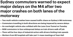 悉尼早高峰连爆多起严重车祸，数万人通勤受影响！超限高卡车撞隧道，狂堵数百米（组图）