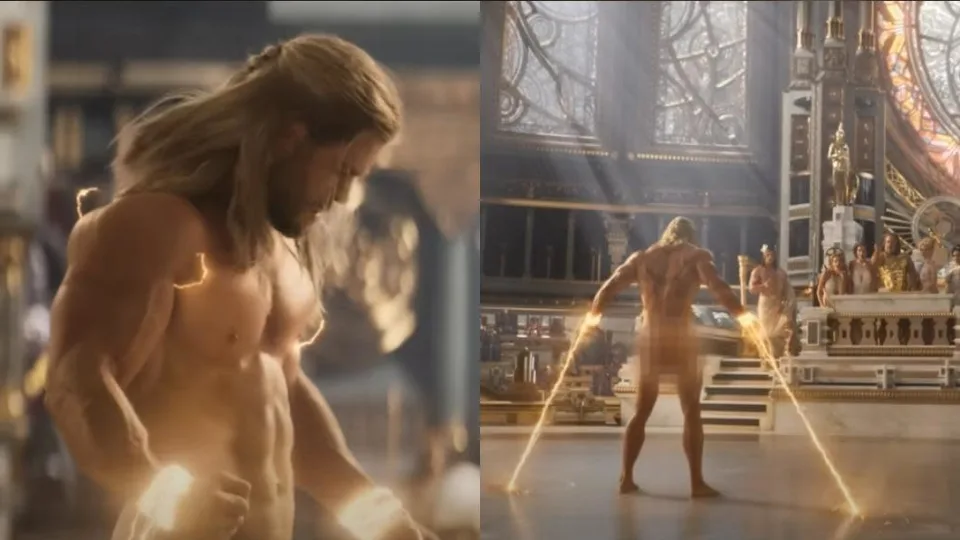克里斯汉斯沃（Chris Hemsworth）全裸入镜。 （图／翻摄《雷神索尔：爱与雷霆》预告）
