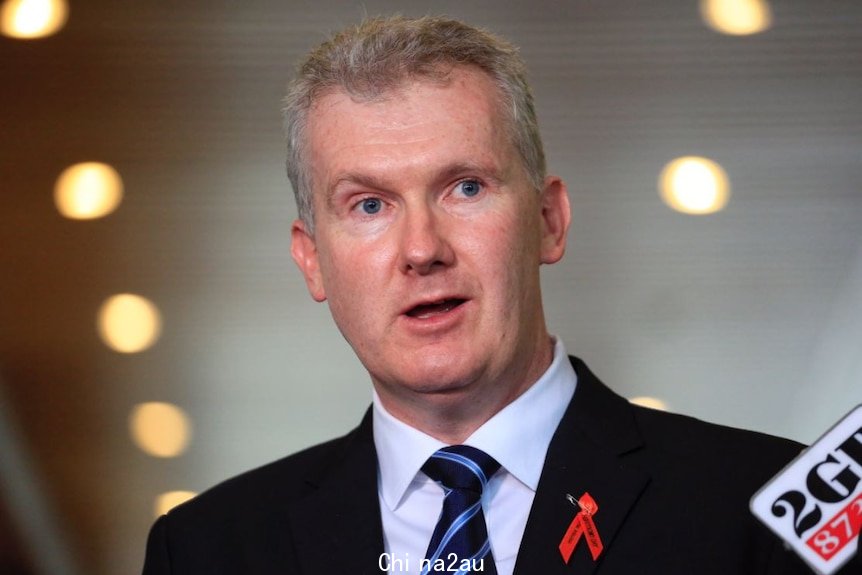 Tony Burke wears a black suit and red tie as he speak to media at Parliament House.