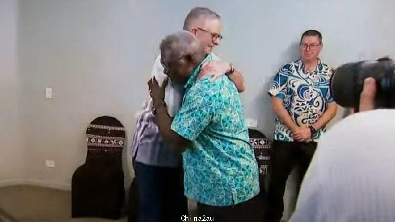 Anthony Albanese and Manasseh Sogavare embrace as they meet for the first time. Picture: ABC News