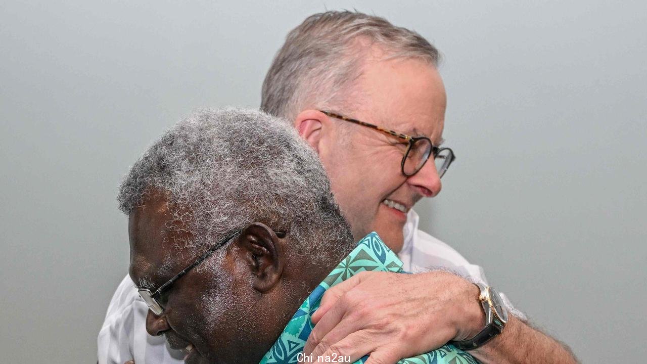 Mr Albanese was greeted with open arms by Prime Minister Manasseh Sogavare. Picture: Joe Armao / Pool / AFP