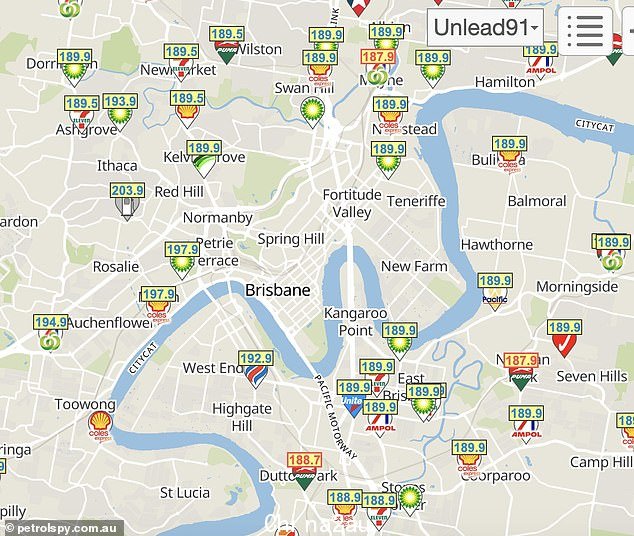 To make it even easier to use, the lowest petrol prices are highlighted in red while the more expensive locations are in green (pictured: Brisbane map)