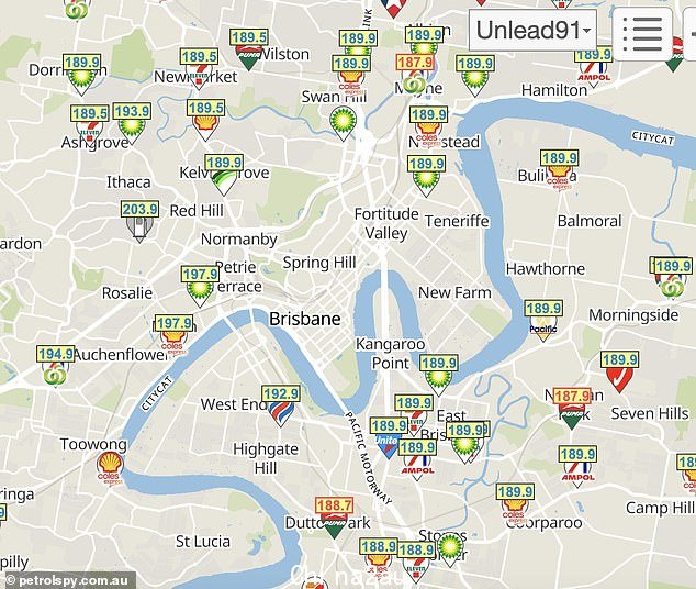 To make it even easier to use, the lowest petrol prices are highlighted in red while the more expensive locations are in green (pictured: Brisbane map)
