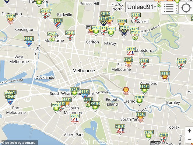 Users can search via postcode or type of petrol needed and the prices will adjust based on the input requirements (pictured: Melbourne map)