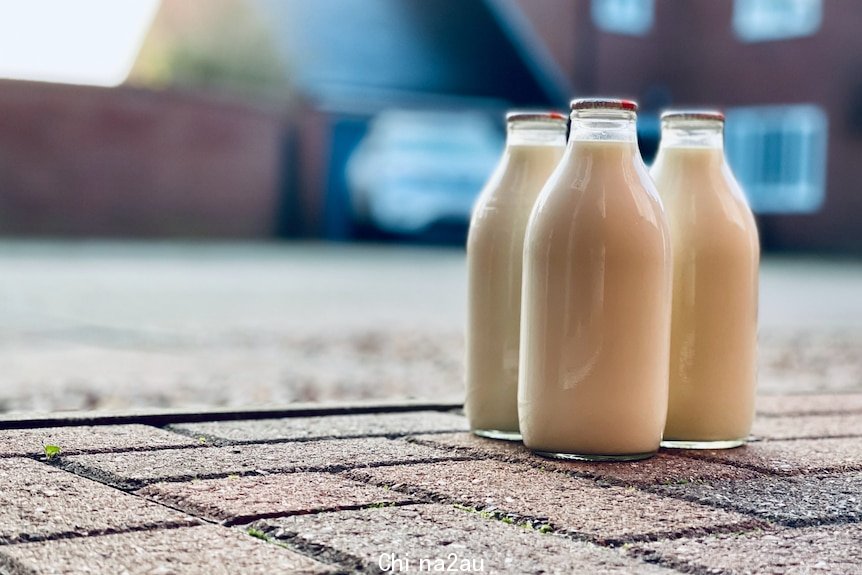 Three glass milk bottles sitting on a brick pavement