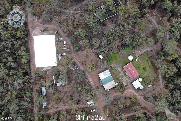 An aerial view of the alleged cocaine factory, located in the rural Queensland town of Durong, shows the shed-like structures where cocaine was allegedly extracted from an unknown substance