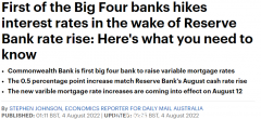 联邦银行宣布跟进澳联储加息，可变利率上调0.5%，8月12日起执行（组图）