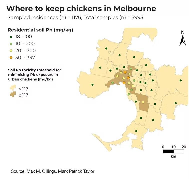 A map graphic of Melbourne showing level of lead risk for backyard chickens.