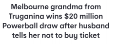 澳洲老奶奶喜中$2000万强力球头奖，一夜暴富！老伴一句话却差点让她错过...（组图）