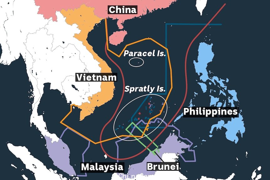 显示南中国海主权主张重叠的地图。
