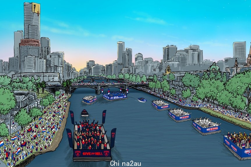 A drawing of a parade of boats on the Yarra River.