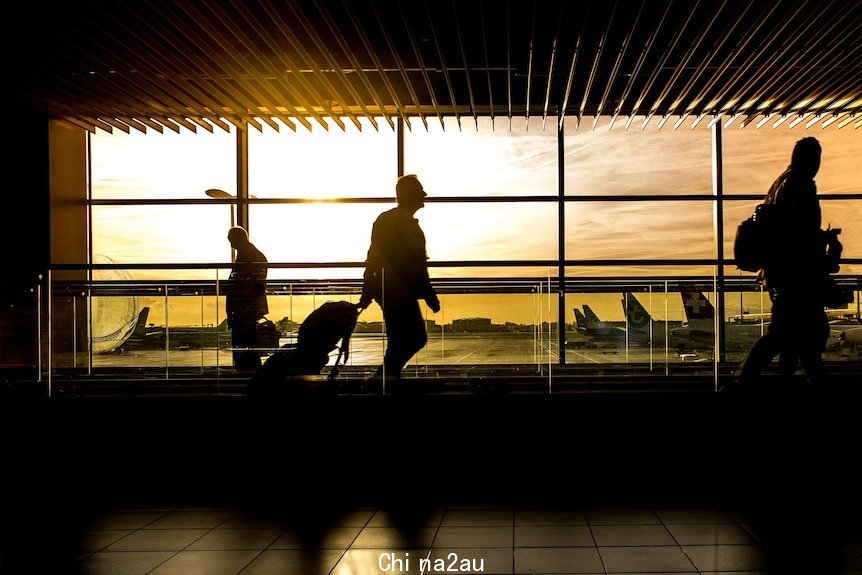 Passengers in airport concourse with planes on tarmac.