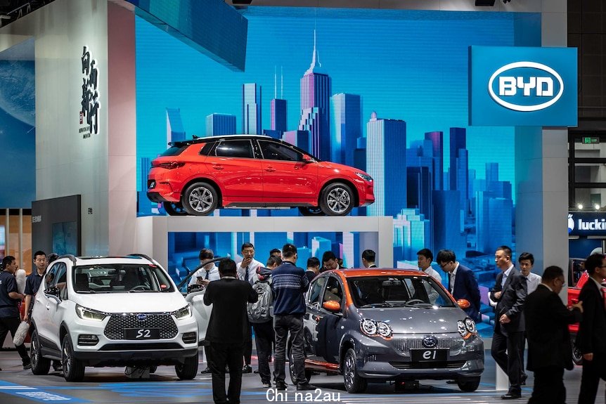 Cars on display at the BYD section of the Shanghai car show