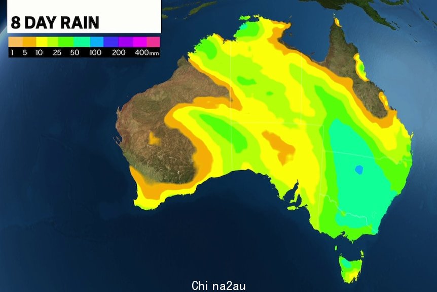 Map of Australia with green indicating 25 to 100mm forecast for much of the east this week.