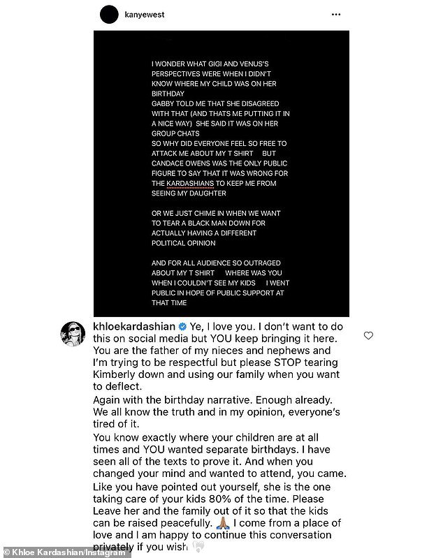 反击:对于 Kanye 来说,这是一个多事的星期三,他在当天早些时候与他 38 岁的前嫂子 Khloe Kardashian 发生了公开争吵,因为他继续声称关于他的前妻金卡戴珊和他们的孩子“class=