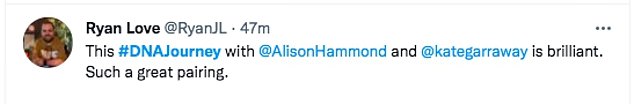 反应：在听到艾莉森的故事后，许多人在推特上做出反应，其中一个人说：'@AlisonHammond 的家庭故事是一个激动人心的惊人故事。一部等待制作的电影，应该是......现实生活和每个人都应该知道的历史'