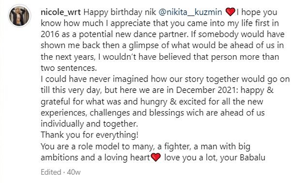 Happier times: 2021 年 12 月,Nicole 为 Nikita 的生日分享了一个滔滔不绝的帖子,她在帖子中写道:'我无法想象我们的故事会一直持续到今天'