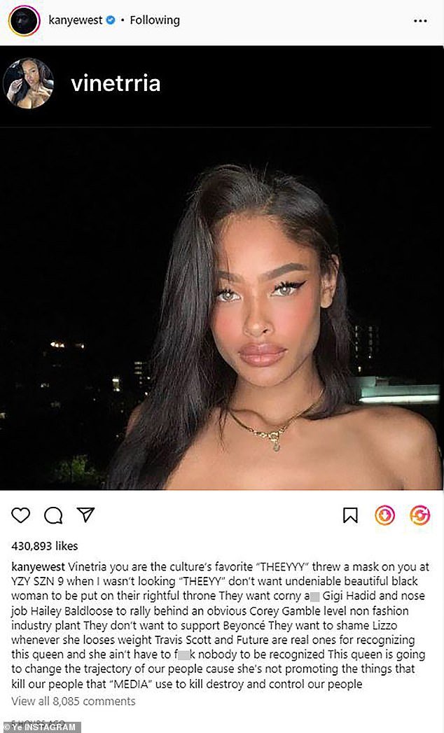 '他们想要老土一个** Gigi Hadid 和鼻子工作 Hailey Baldloose 支持一个明显的 Corey Gamble 级别的非时尚工业工厂”:那天早上早些时候,Kanye 发布了他前 Vinetria 的快照以及一个长长的标题,其中他对 Corey 进行了无端射击“class =” blkBorder img-share