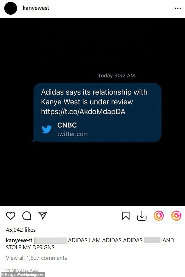 心烦意乱:这位 45 岁的说唱歌手对阿迪达斯的声明不太友好,他在 Instagram 上发布了公告截图,写道:'F**K ADIDAS'