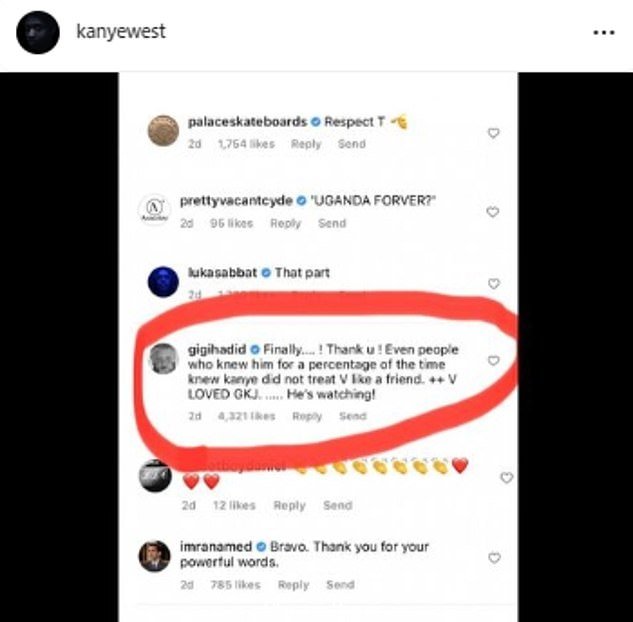 Screengrabs:在最近的一次交流中,West 猛烈抨击,因为他分享了 Gigi 在 Instagram 上发表的评论截图,她声称说唱歌手没有像对待朋友一样对待 'V'