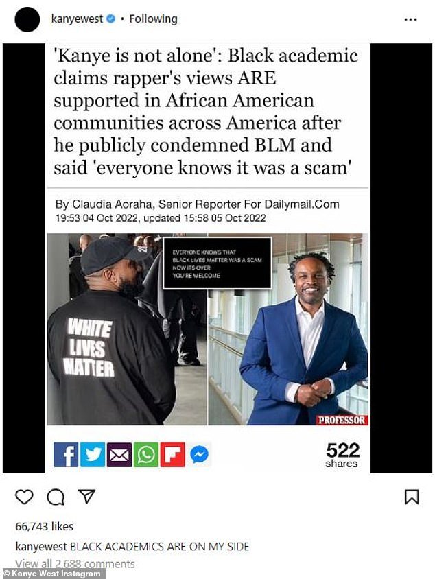 不孤单:他还分享了 Dailymail.com 的一篇文章的截图,其中 Tatishe M. Nteta 教授表示,韦斯特对黑人的命也是命运动持怀疑态度,“并不孤单”
