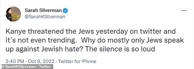 Sarah Silverman 在周日的大部分时间里转发了其他著名的犹太评论员对 West 的输出的看法后发了推文第一。” class=