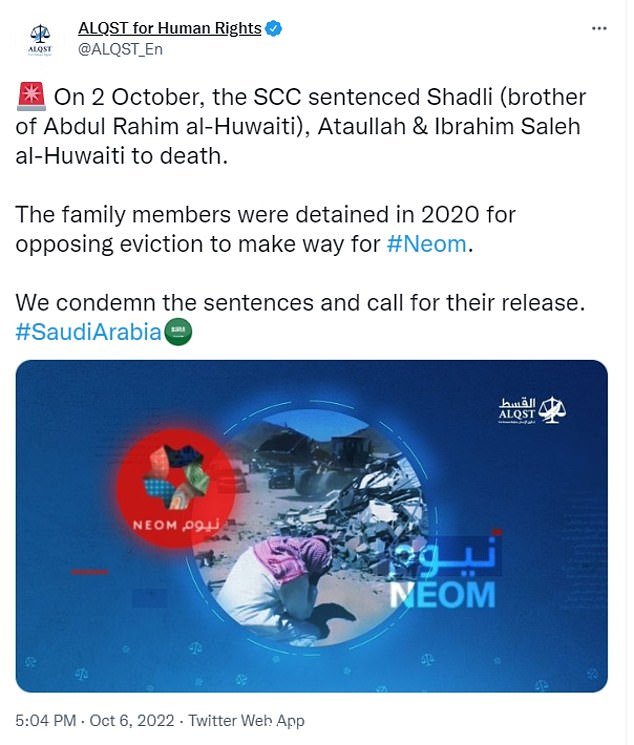 根据英国人权组织 Alqst 的说法,2020 年有三名男子因反对驱逐而被捕,沙特阿拉伯的专门刑事法院于 10 月 2 日判处他们死刑
