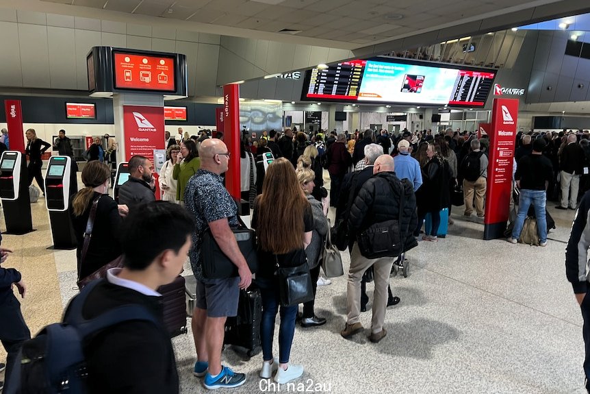 People queuing at an airport.