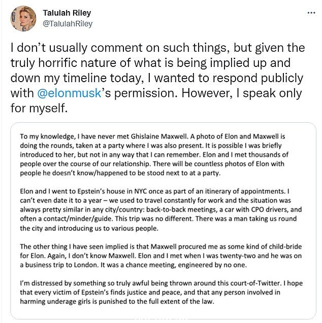 Tallulah Riley,马斯克的第二任妻子,也是 HBO 的 Westwood 主演的女演员,也在 Twitter 的声明中否认认识 Maxwell