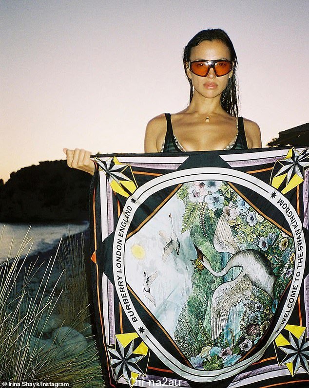 'Summer snaps':Irina - 拥有 2780 万社交媒体关注者 - 在一个身份不明的海滩上摆姿势,手里拿着一面印有“Burberry London England 欢迎来到Swan Kingdom'