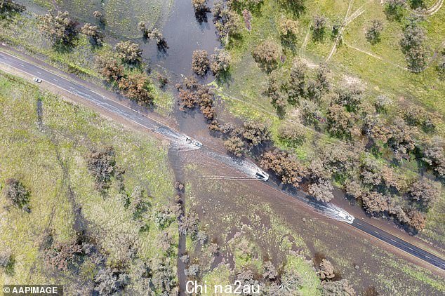 Vehicles negotiate floodwater from the Bundaburrah Creek on the Henry Lawson Way between Forbes and Grenfell, NSW. Forbes is facing intense flooding