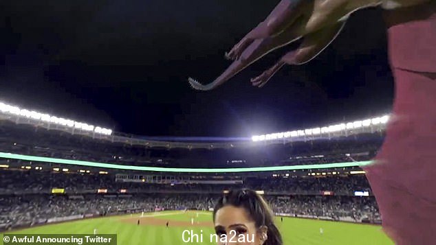 没有火:然后她转身指向上方,因为看到一条巨大的龙的 CGI 渲染“飞”在洋基体育场上空