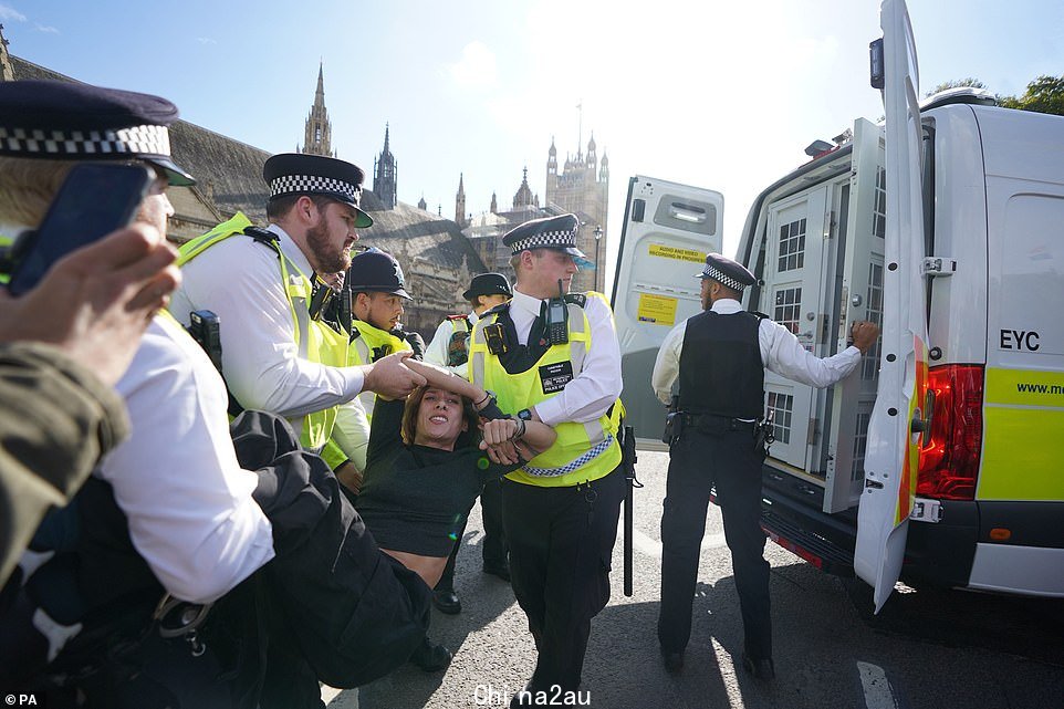可以看到大量警察举起一名参加过绝缘英国演示的妇女