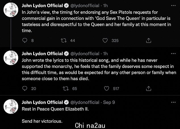 Angry:在一系列推文中,他声称 Sex Pistols 违背了他的意愿批准了“一些请求”,因为他指责乐队试图“兑现”女王陛下的死”课=