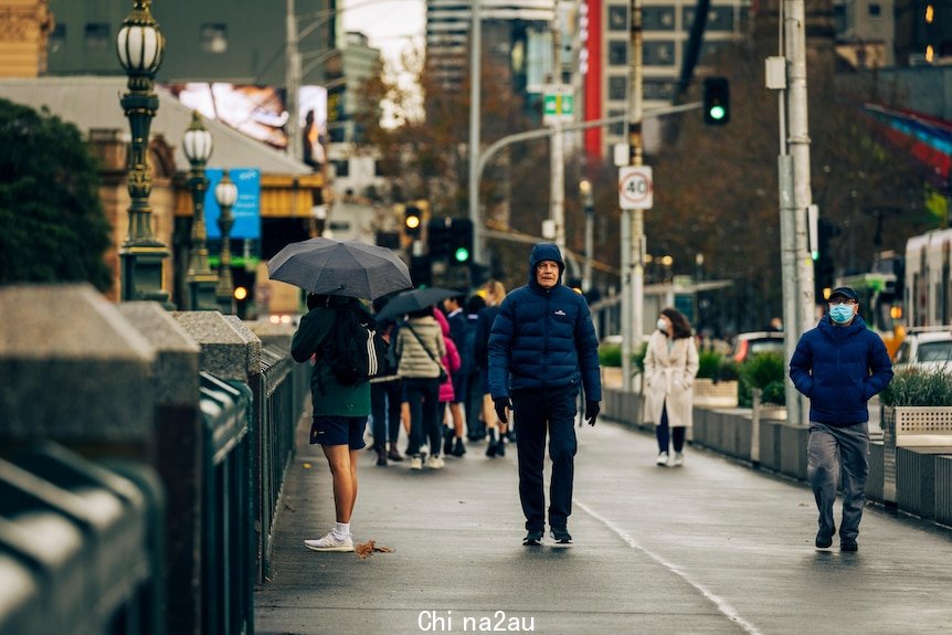 Pedestrians walking along a bridge 