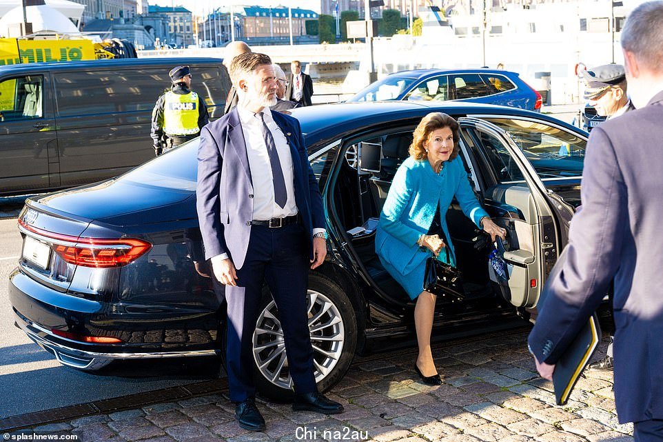 Maxima 和 Silvia 都穿着互补色的蓝色访问时,荷兰女王选择了一件带有个性袖子的金属色蓝绿色连衣裙 - 搭配裸色高跟鞋和时尚的 up-do