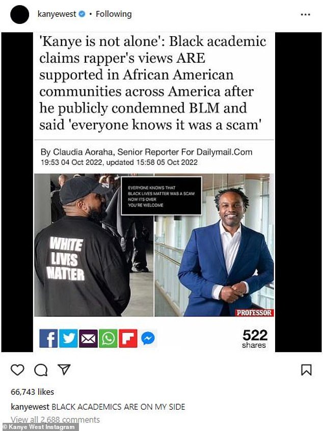 不孤单:他还分享了 Dailymail.com 的一篇文章的截图,其中 Tatishe M. Nteta 教授表示,韦斯特对黑人的命也是命运动持怀疑态度,“并不孤单”