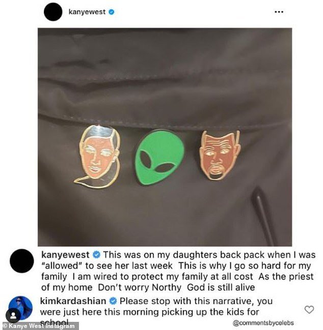 照片:早在 3 月中旬,West 分享了一张他女儿 North 背包的照片,上面印有 West、Kim 和外星人的别针