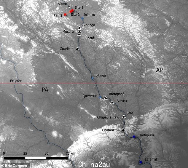 2019年研究人员旅程地图。红色星星是树木测量的目标地点,包括Site 3,破纪录树的位置