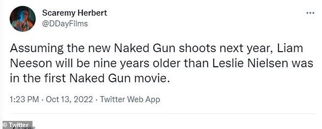 Obstacle: '假设新的 Naked Gun 明年开拍,Liam Neeson 将比 Leslie Nielsen 在第一部 Naked Gun 电影中大 9 岁'