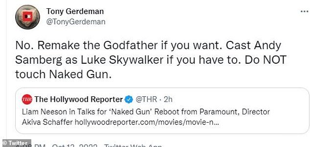 Anything but The Naked Gun:一位 Twitter 用户写道,“如果你愿意,可以重新制作教父。如果必须的话,让 Andy Samberg 扮演 Luke Skywalker。不要碰 Naked Gun” class=