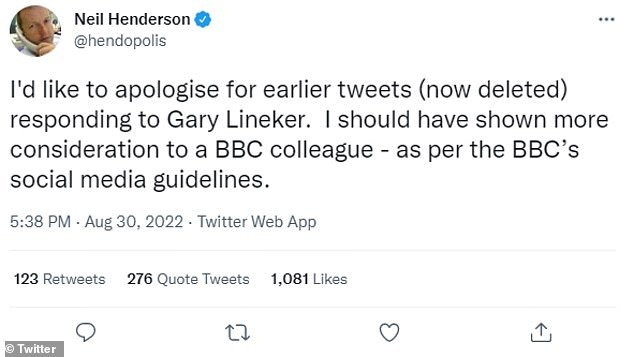 BBC 记者 Neil Henderson 在他关于污水的推文质疑 Gary Lineker 的公正性后道歉