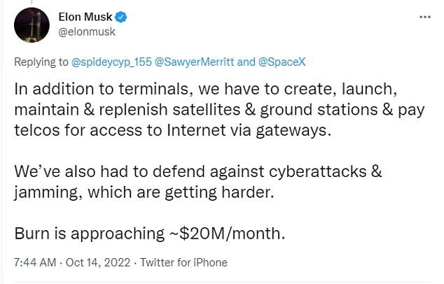 Musk 声称在乌克兰运行 Starlink 的成本约为 2000 万美元r 月,并且期望他拿起标签是“不合理的”” class=