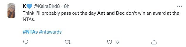 社交媒体反应:一条推文反应:'为什么人们表现得像 Ant 和 Dec 是整个英国唯一值得每年获奖的主持人'