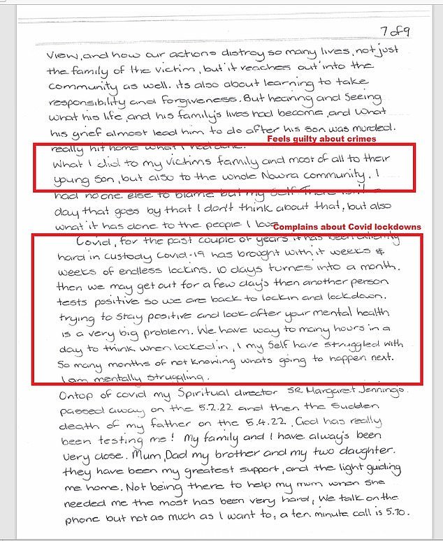 在她的牢房信中,Snibson 承认她不仅伤害了受害者及其家人,还伤害了“整个瑙拉社区”,但随后抱怨监狱的封锁让她“精神上挣扎”
